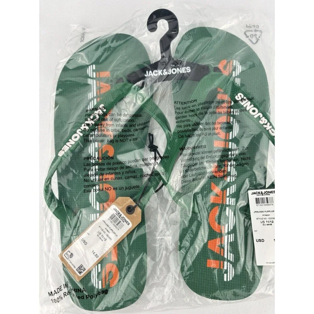 JACK & JONES Premium Flip Flops Sandals Amazon Green Orange‎ Logo Size 11/12